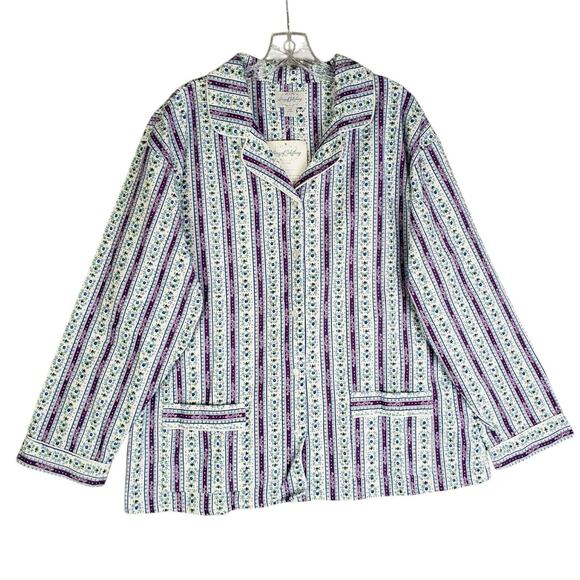 Lanz Of Salzburg Pajama Set Womens Large White Floral Flannel Button Up New - Picture 2 of 14